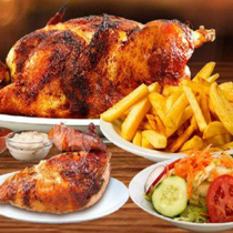 1 POLLO + PAPAS + ENSALADA + CREMAS + 1/4 POLLO
