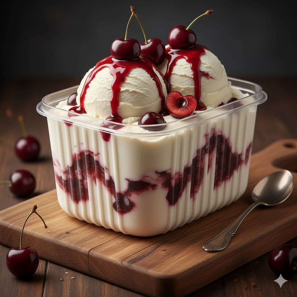 Cremoso sorvete de baunilha com pedacinhos irresistíveis de cereja amarena! Uma explosão de sabor que vai conquistar seu paladar. (Imagem meramente ilustrativa)