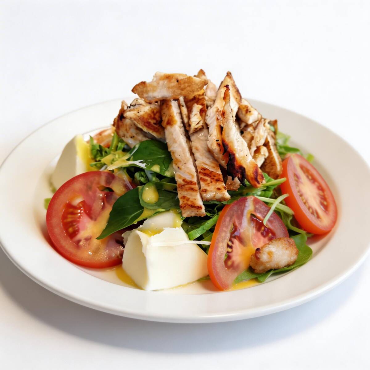 Folhas crocantes, peito de frango grelhado e suculento, mussarela de búfala cereja, tomate seco e parmesão ralado. Molho Caesar exclusivo da casa completa essa combinação sofisticada e irresistível.