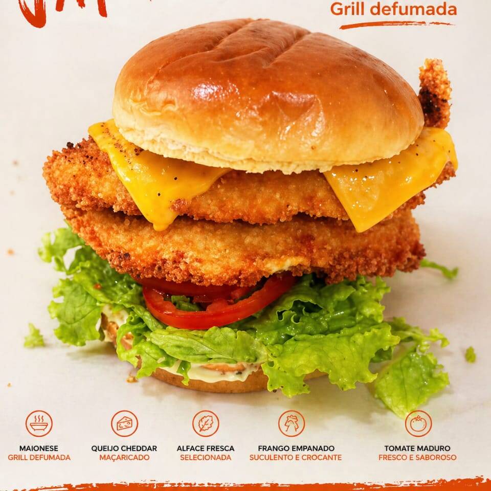 Tori Burger — Dois filés de frango empanados, extremamente crocantes por fora e suculentos por dentro, cobertos com queijo cheddar maçaricado que derrete perfeitamente. Acompanha alface crocante e tomate fresco, trazendo leveza e equilíbrio ao lanche. Finalizado com maionese defumada, que adiciona um toque intenso e irresistível, tudo isso servido em pão de hambúrguer macio e levemente tostado. Um clássico cheio de sabor, impossível de resistir.
Obs:NÃO SUBSTITUIMOS OU ALTERAMOS OS ITENS DO PRODUTO.