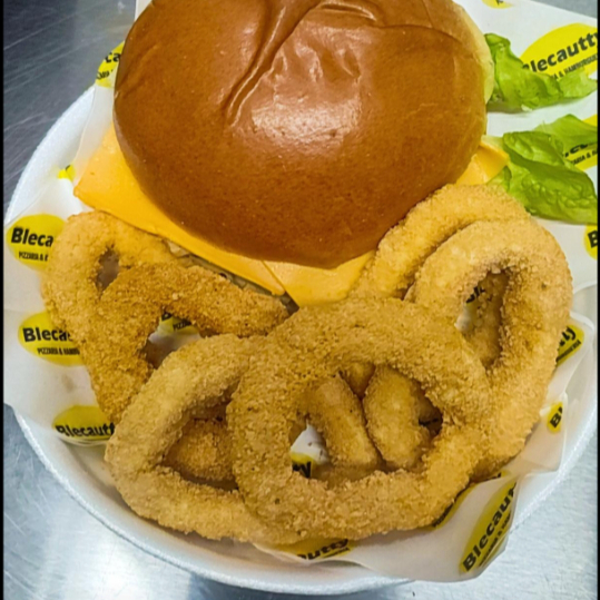 Pão brioche carne artesanal cheddar alface e tomate +porção de cebola pequena