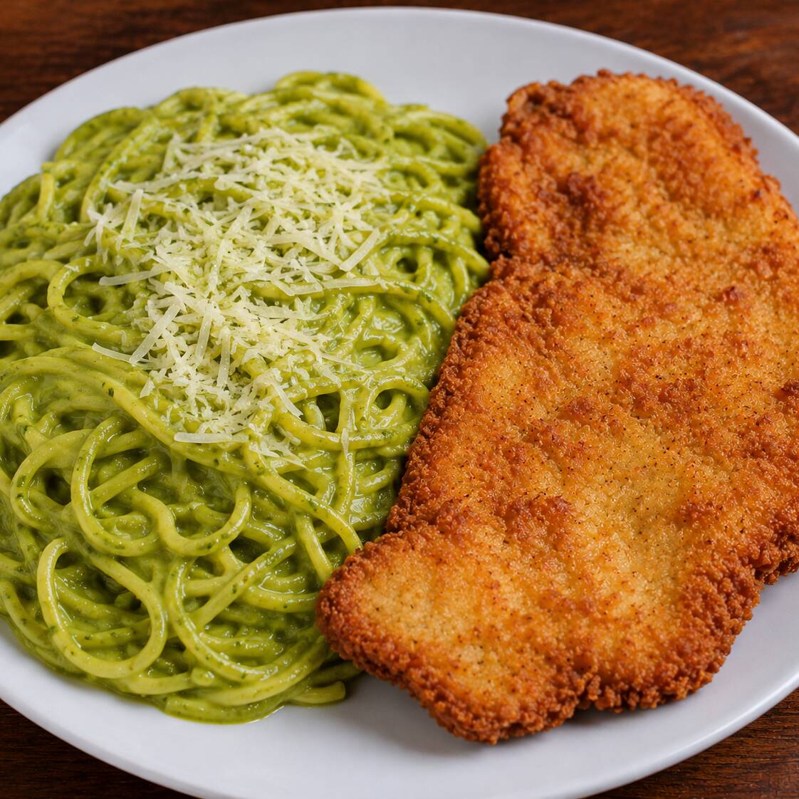Tallarín verde con milanesa
