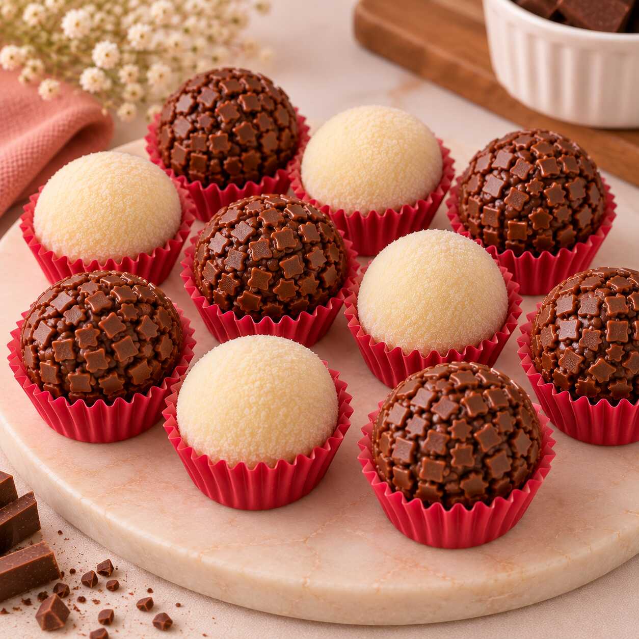 10 brigadeiros de 30 g, cremosos e preparados com muito capricho. Escolha entre Ninho e Chocolate Meio Amargo e monte seu combo do seu jeito.