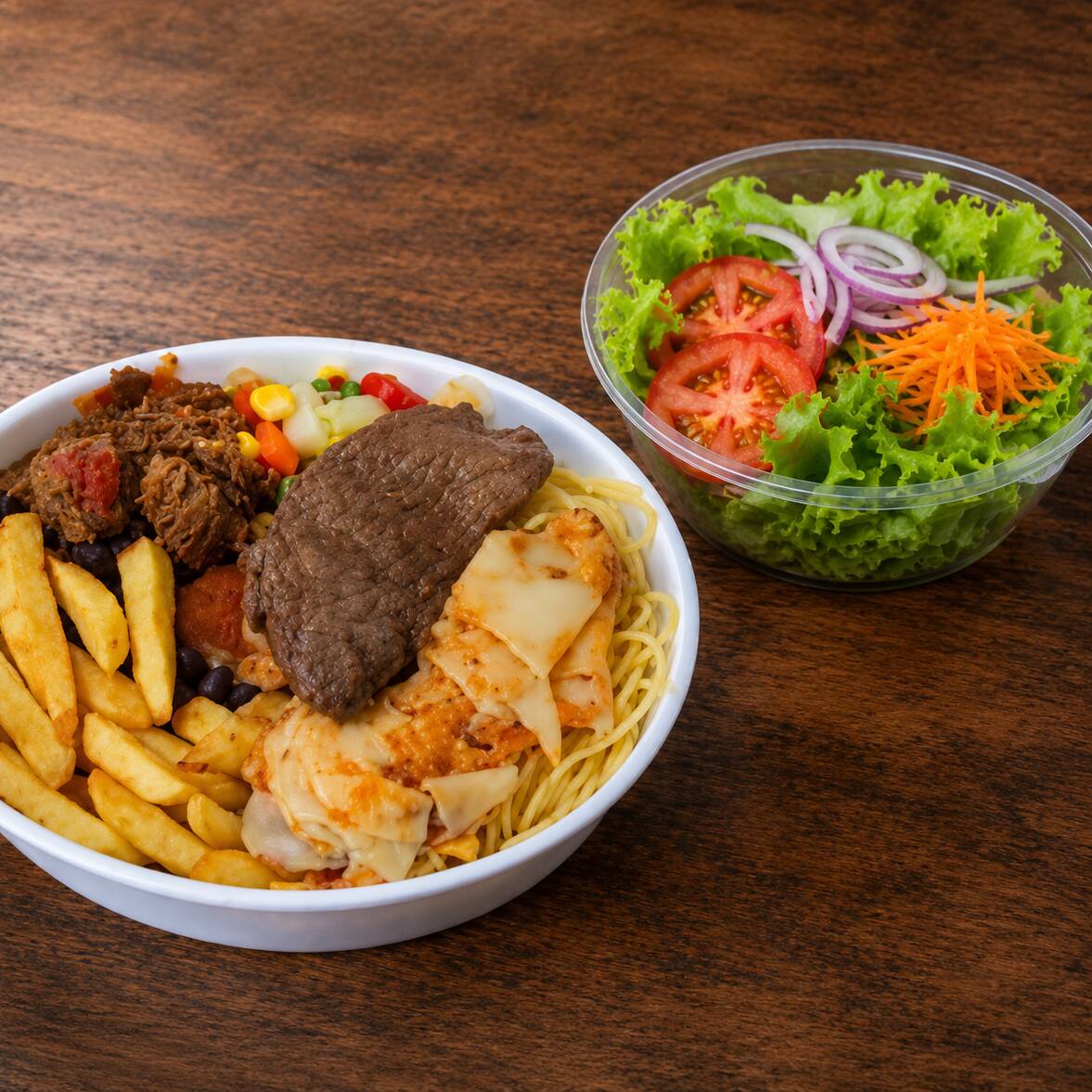 Monte sua marmita do seu jeito com ingredientes frescos e sabor caseiro!
Escolha arroz, feijão, macarrão, farofa, legumes, fritura ou batata frita + 1 carne do Dia entre diversas opções. Acompanha salada da casa grátis para completar sua refeição!
