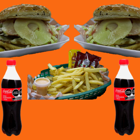 COMBO 10: 2 HAMBURGUESAS HAWAIANAS, PAPAS Y 2 REF