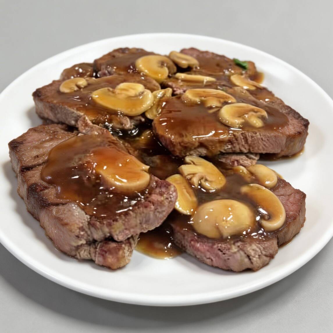 500g De Cupim Assado E Fatiado Ao Molho Madeira Com Champingnons.