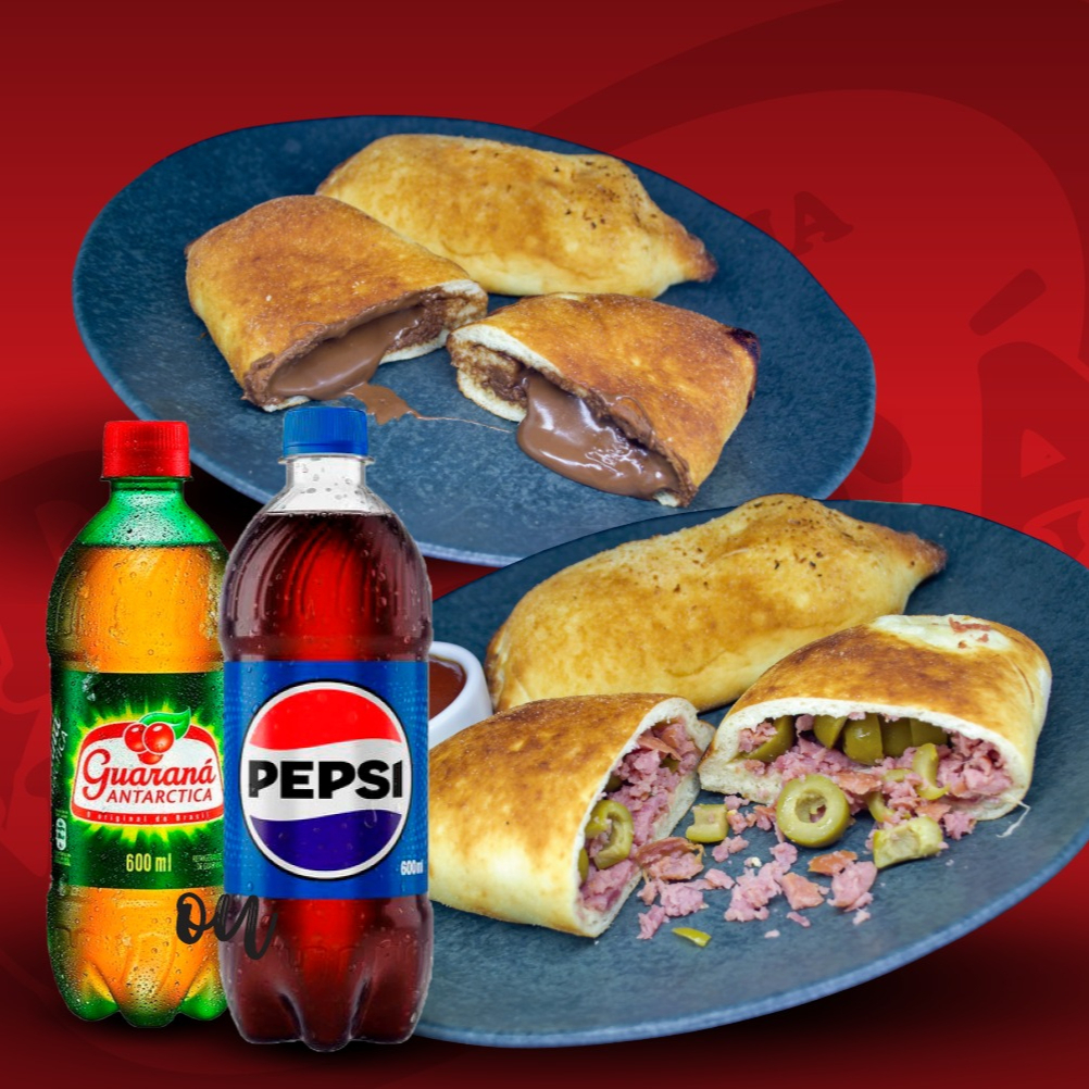 3 fogazzas de calabresa, 1 fogazza de brigadeiro e uma refrigerante 600ml