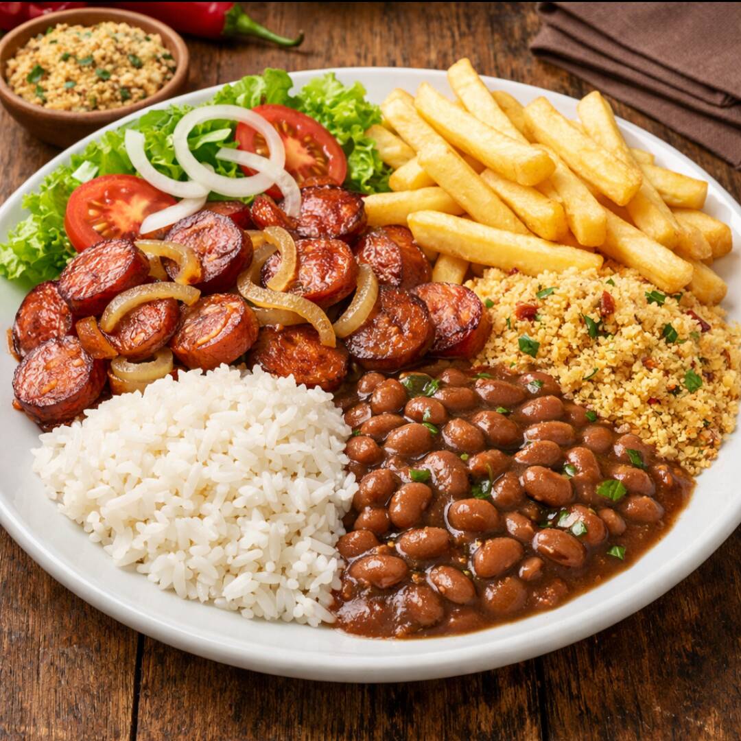 Acompanhamentos: Arroz, feijão, farofa, batata frita e salada.