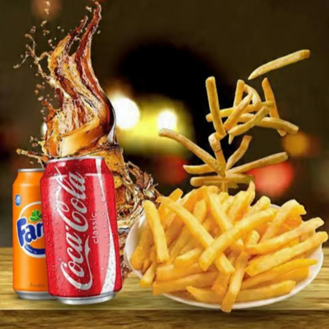 Batata frita crocante de 250g + refrigerante lata
