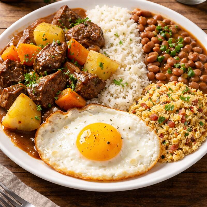 Sabor de comida de mãe, carne de panela com batas e cenouras, arroz branco, feijão, farofa e ovo frito.