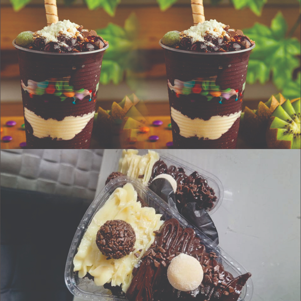2 açaís cremosos, bem geladinhos 😍 Acompanhados de 1 Pizza Brownie Cremosa por dentro e por fora com aquela casquinha, com muito chocolate! A combinação perfeita entre refrescância e sobremesa irresistíve