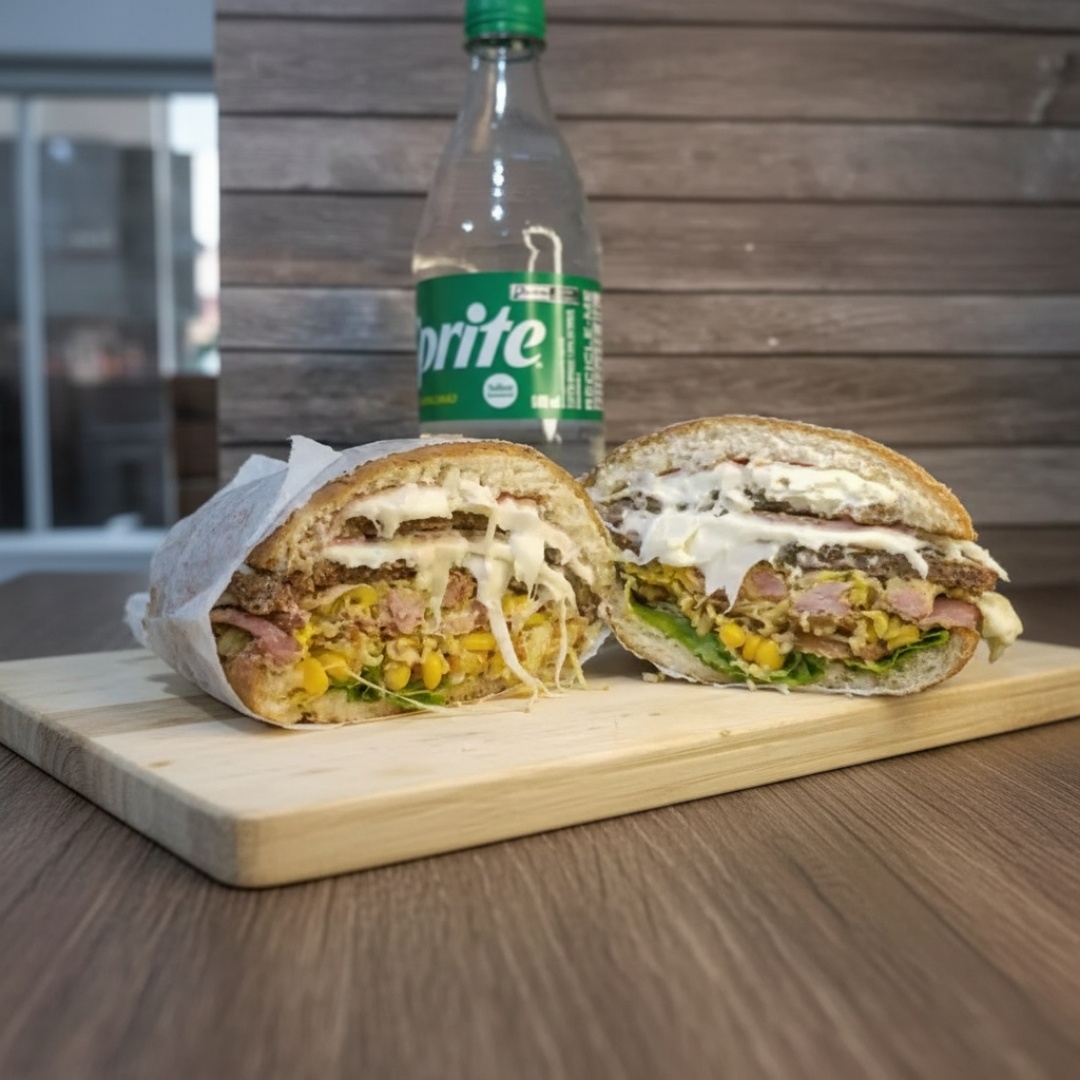 Pão,maionese,2hamburguer,mussarela,bacon,ovo,presunto,Catupiry,milho,batata palha,tomate,alface.