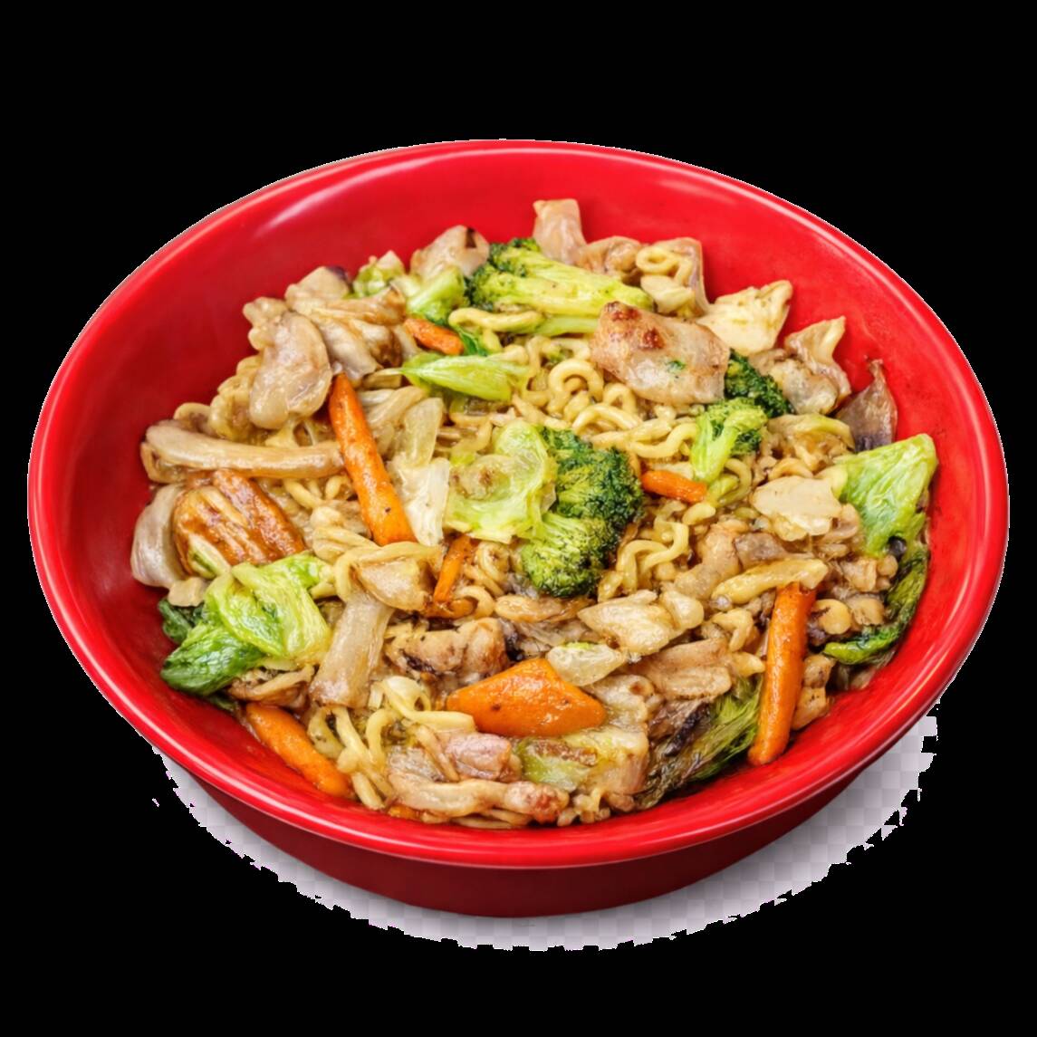 Yakisoba de frango com legumes (couve, cenoura, brócolis, cebola, repolho) e molho yakisoba no estilo japonês. Neste caso o prato fica menos úmido e com sabor mais concentrado. Por levar um pouco de molho inglês no preparo pode ter leve picância. Não fica com tanto molho como no estilo chinês. Peso médio 550g.