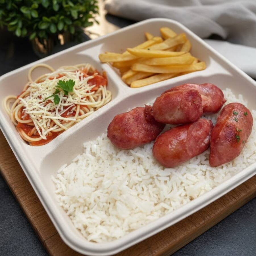 Macarrão com molho vermelho, arroz, fritas e Calabresa Grelhada