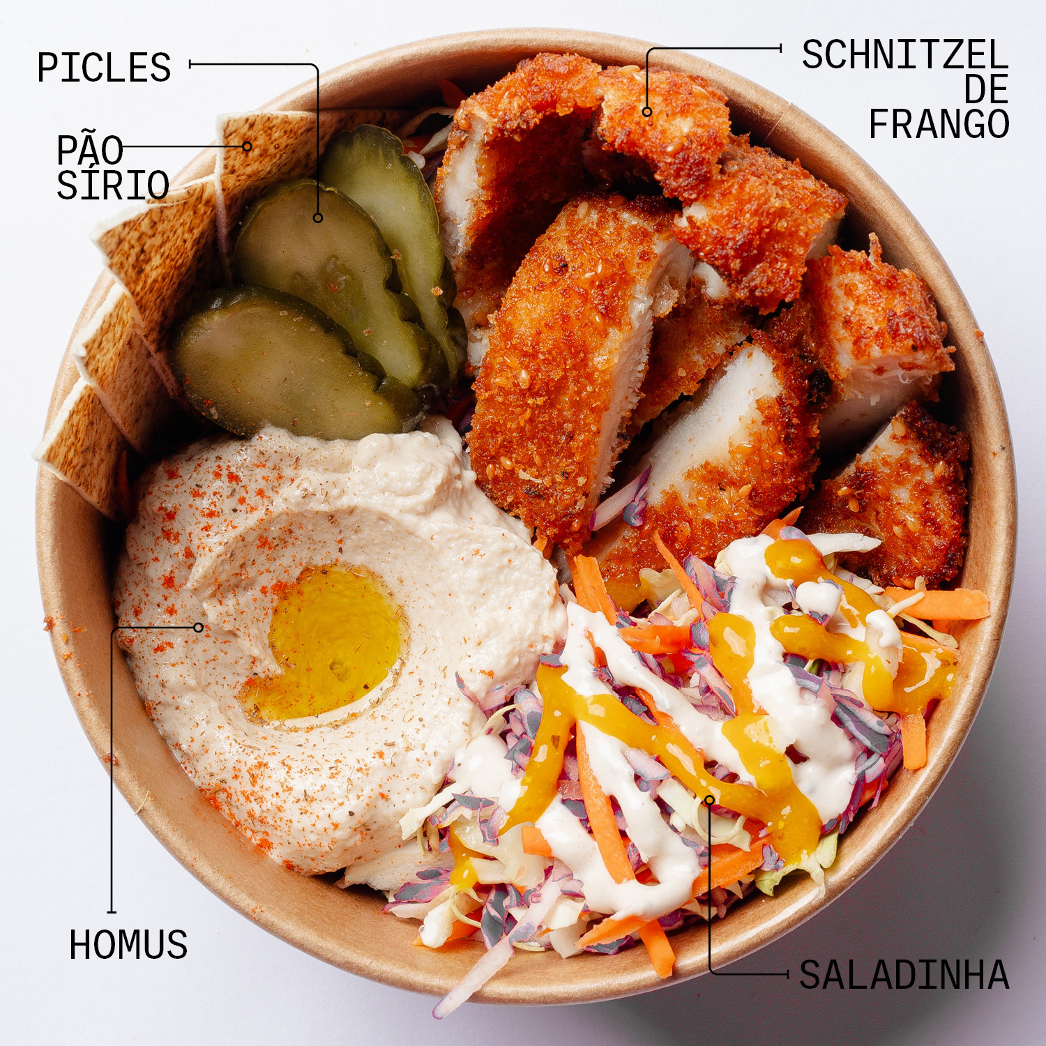 SCHNITZEL DE FRANGO EM TIRAS, HOMUS, SALADA BOWL (REPOLHO VERDE, ROXO, CENOURA, TEMPERO E MELAÇO E GERGELIM), PICLES, COM MOLHOS TAHINE E TATABILI E PAO SIRIO