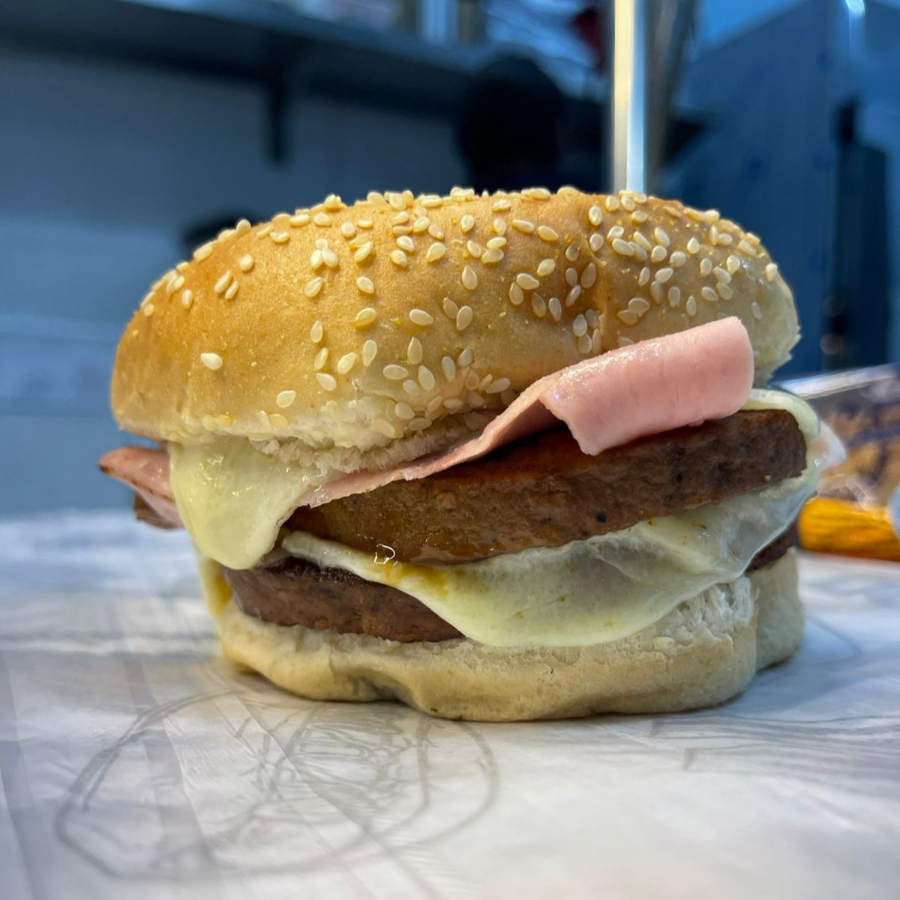Pão, dois hambúrgueres, mussarela, presunto, ketchup e maionese.