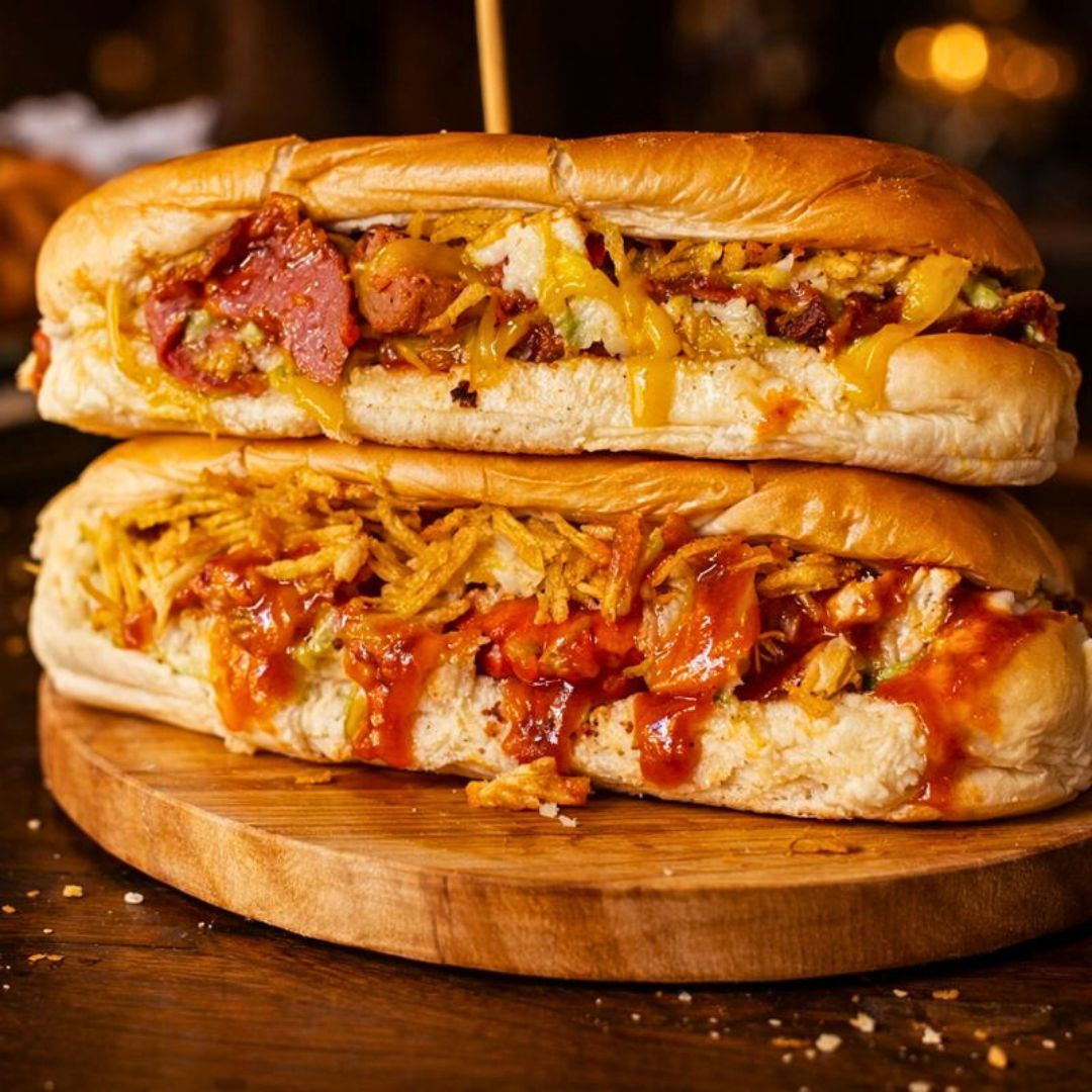 Dois lanches saborosos com pão especial e recheados com duas salsichas, tomate, milho, maionese caseira, frango, calabresa, bacon, catupiry e batata palha.