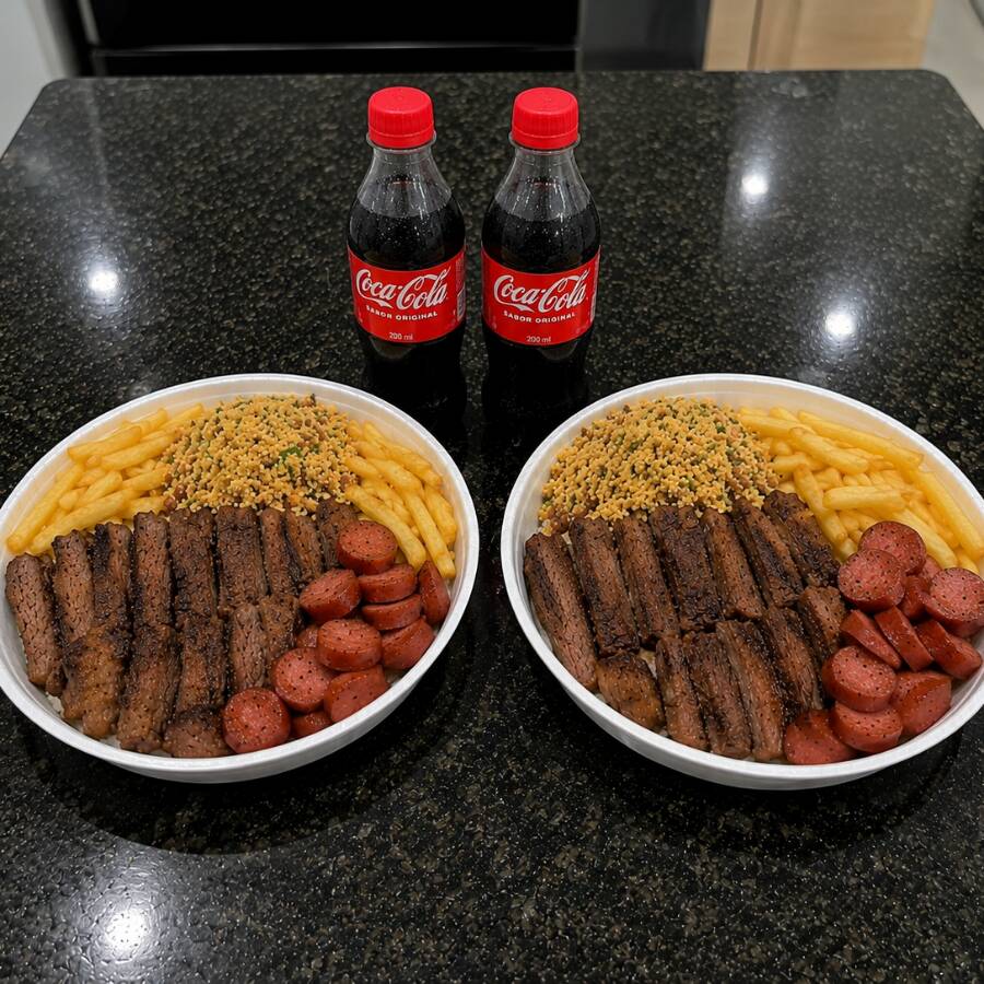 2 marmitas. arroz, feijão, carne, linguiça e fritas + 2 coca 200ml