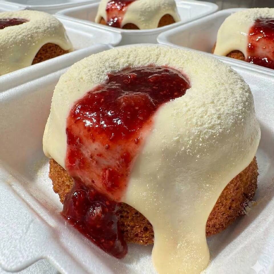 Bolo macio e molhadinho com cobertura de ninho e geleia artesanal de morango.