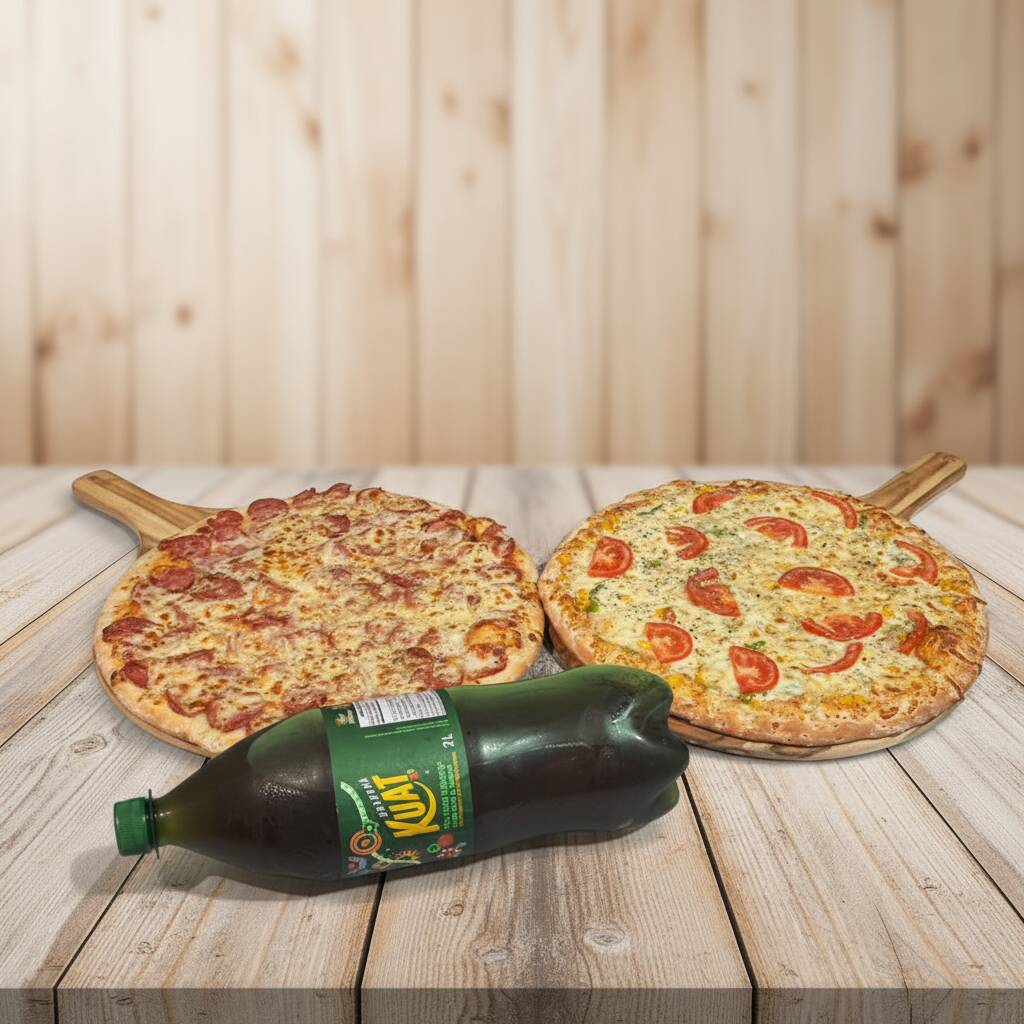 2 pizzas sendo uma Vegetariana e outra de Calabresa 8 fatias.