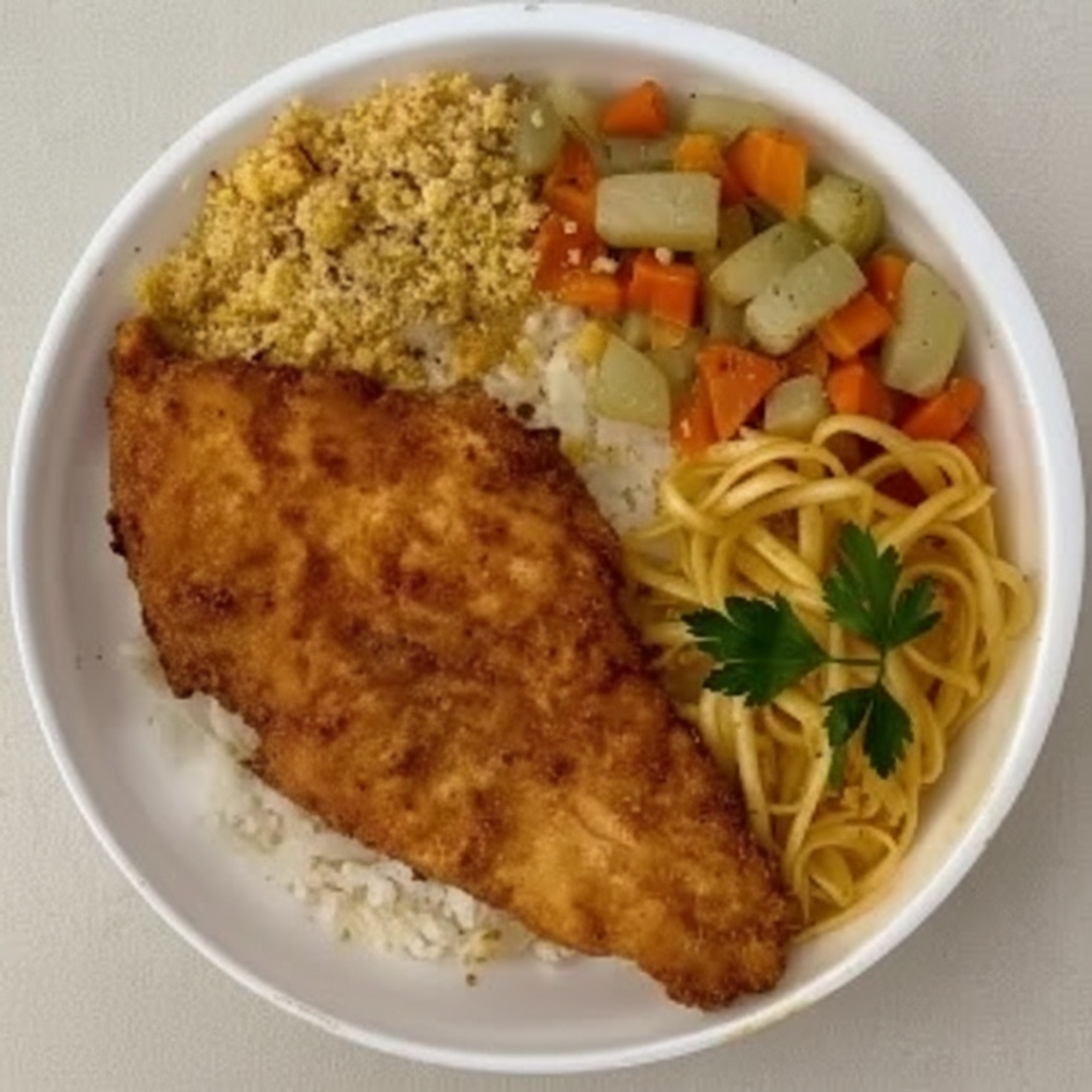 Acompanha: Arroz branco, feijão, massa alho e oleo, farofa, legumes e Peixe a milanesa.