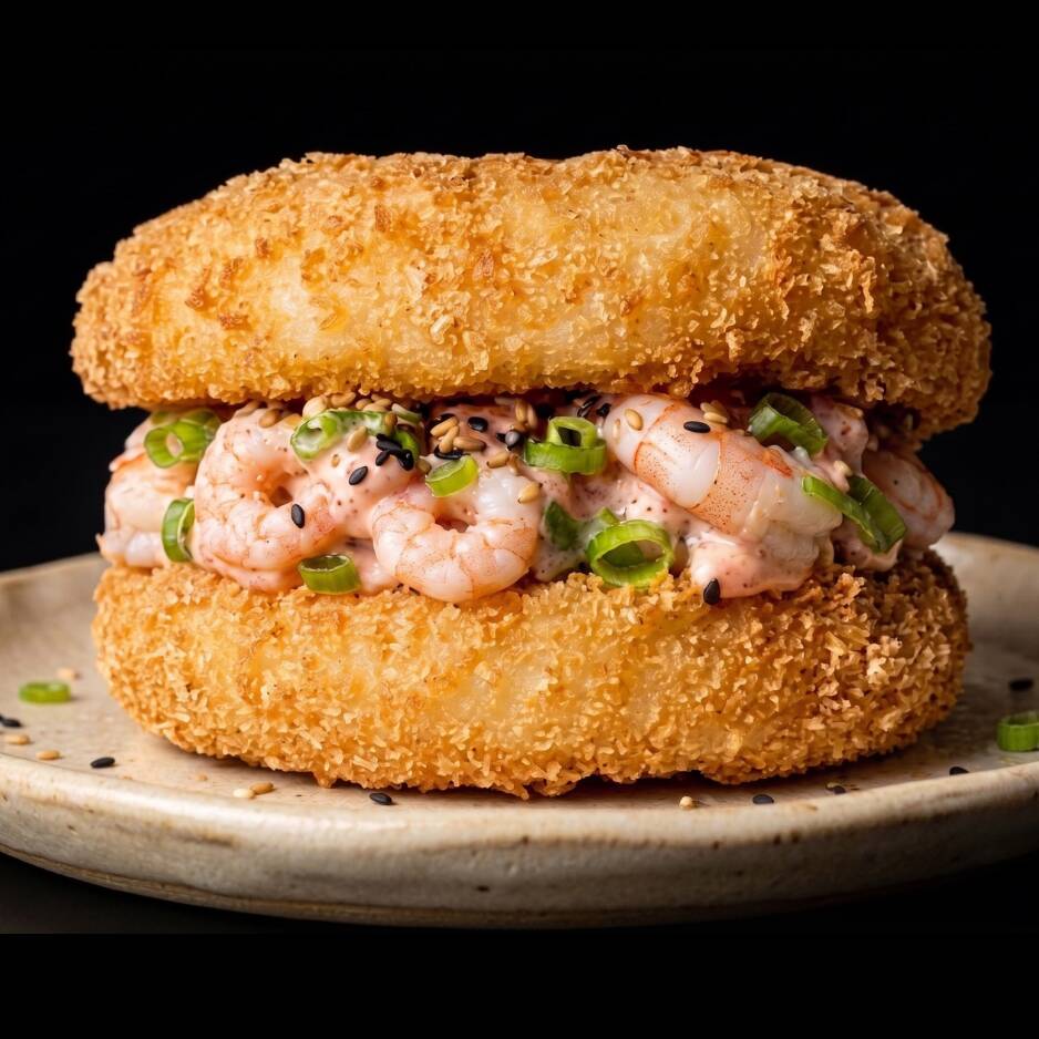 Corte de salmão empanado, recheado com camarões cortados, cream cheese e cebolinha.