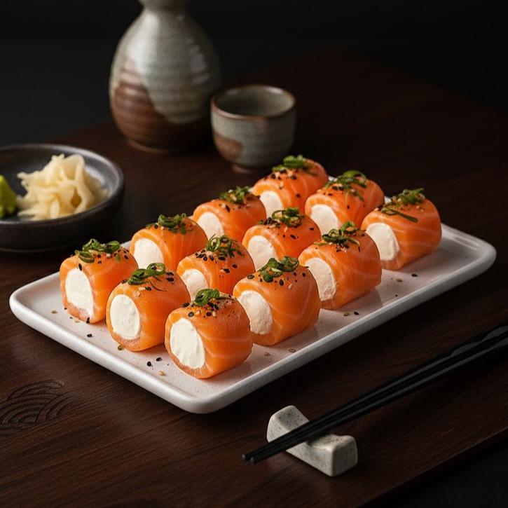 Delicadas fatias de salmão com creem chesse e molho do chefe.