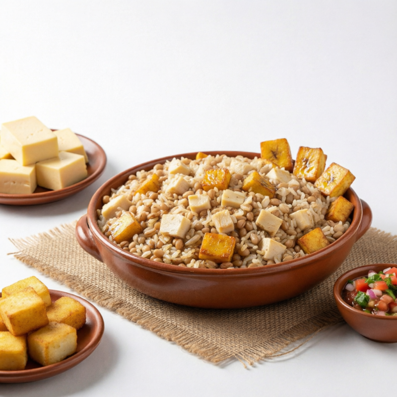 Arroz, feijão fradinho, palmito. Acompanha mandioca, queijo coalho e vinagrete