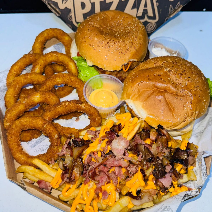 2 Gordão Duplo, 250 Gr Batata  C/ Bacon, Calabresa, Cheddar, 8 Onion Rings.