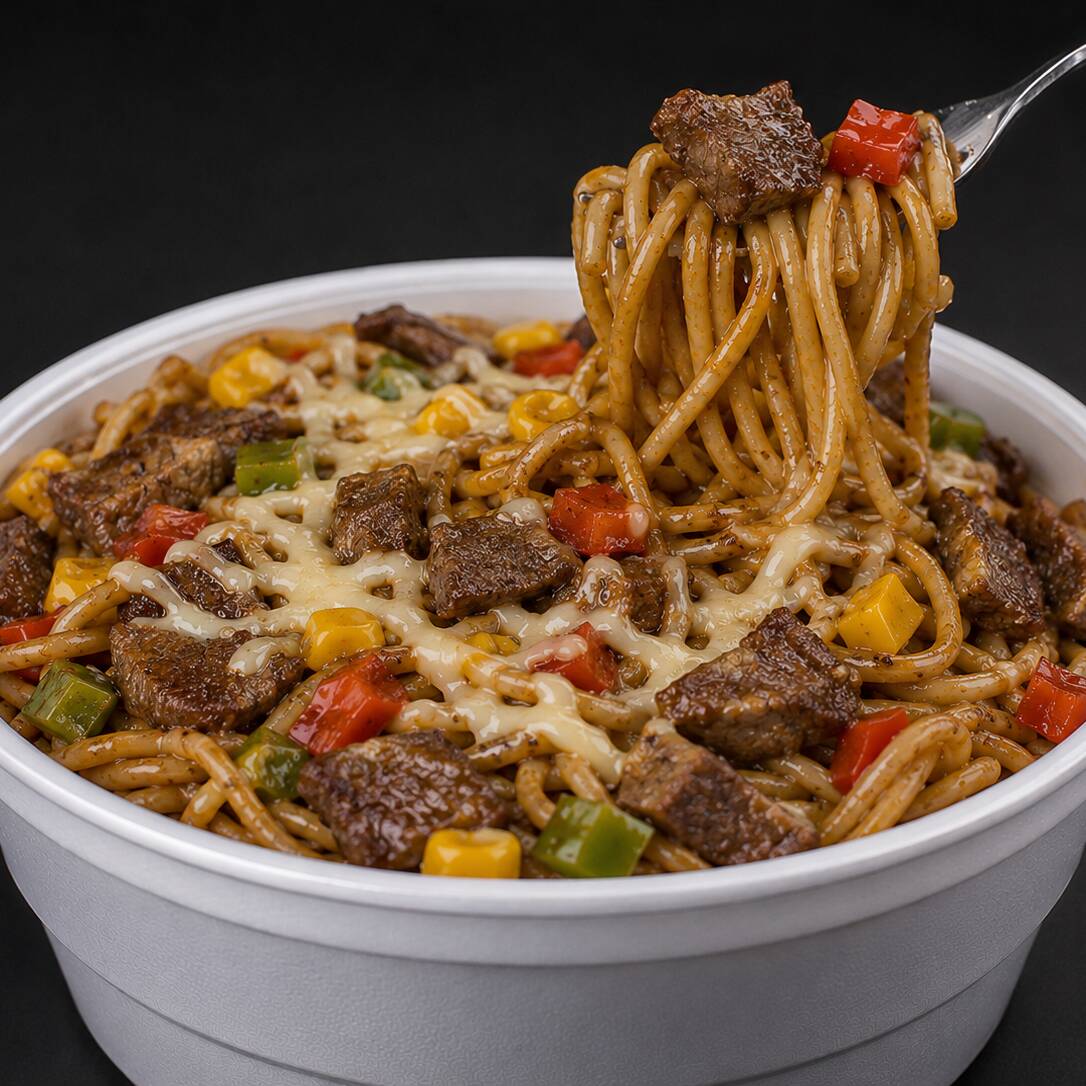 Delicioso macarrão na chapa preparado na hora com filé bovino, pimentões coloridos, milho, molho especial a base de shoyu finalizado com mussarela.