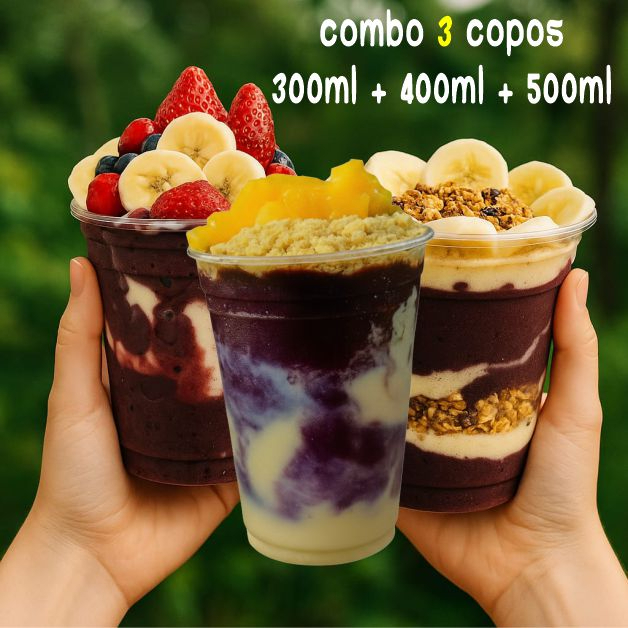 Combo para 3 - Aproveite esse delicioso combo! Escolha quantos complementos quiser, até 2 sabores de Açaí / Sorvete, 2 frutas e 1 cobertura!