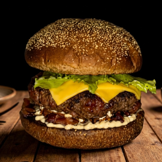 Pão Australiano, Carne 200g, Queijo Prato, Bacon, Alface, Molho. Foto Ilustrativa. Hamburguer artesanal