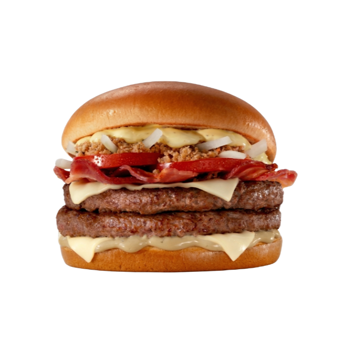 Pão brioche, dois hambúrgueres de carne 100% bovina, molho vinagrete, molho sabor churrasco farofa defumada, cebola, tomate, bacon, queijo sabor emental. Não utilize o campo de observações para fazer alterações de ingredientes, para isso utilize a categoria Retirar Ingrediente.