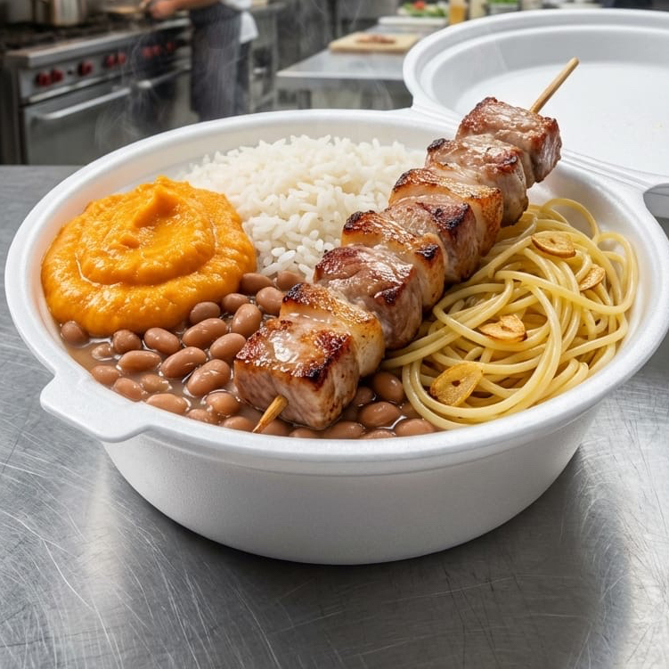 Espetinho de pernil grelhado, macio e bem temperado! Acompanha arroz soltinho, feijão cremoso, brócolis ao alho e óleo e farofa de bacon.