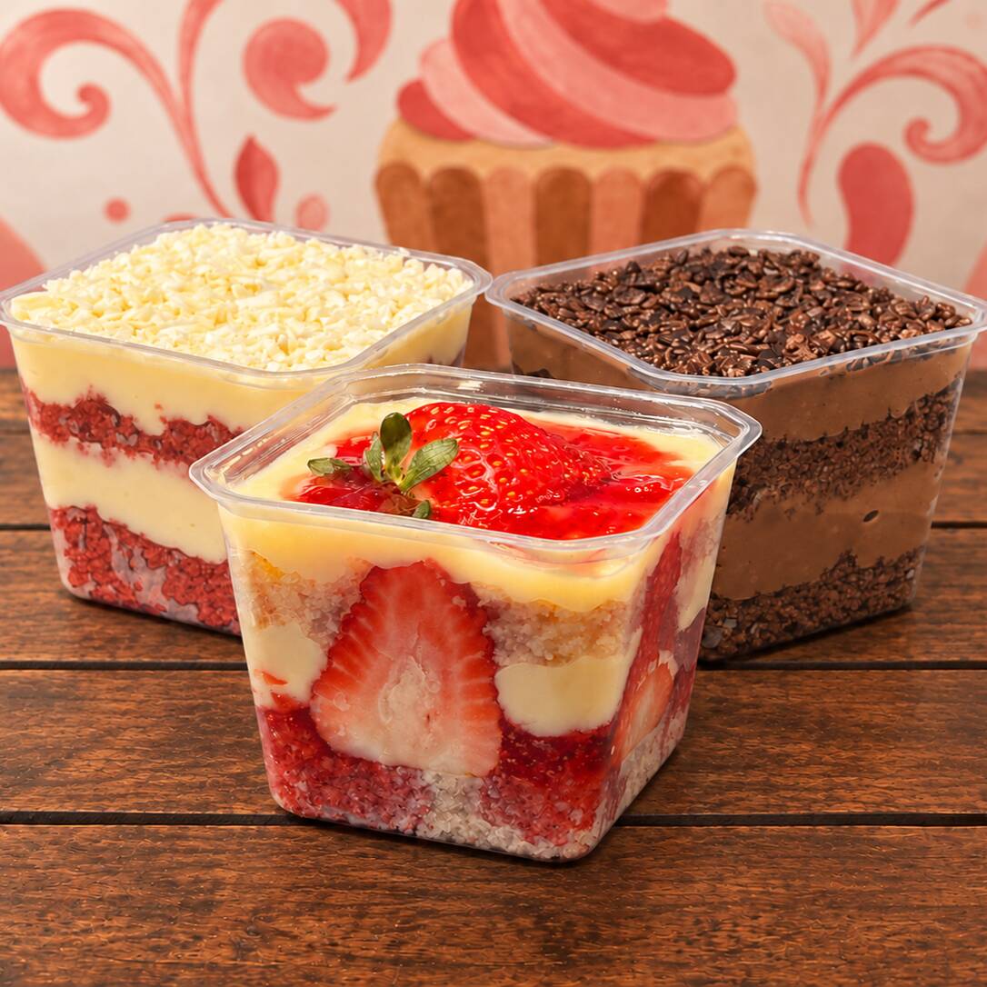 Crie a sobremesa dos seus sonhos! Com nosso Bolo no Pote de 250 ml, você tem a liberdade de montar sua combinação perfeita, escolhendo o bolo, o recheio e a cobertura que mais agradam ao seu paladar. Seja criativo e personalize cada camada para uma experiência doce única e feita sob medida para você. Ideal para quem gosta de ter o controle sobre cada detalhe de sua sobremesa favorita!