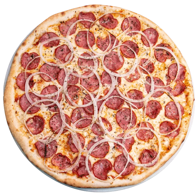 Calabresa moída com cebola roxa. Caso queira com queijo e a outra metade com outro sabor basta selecionar abaixo.