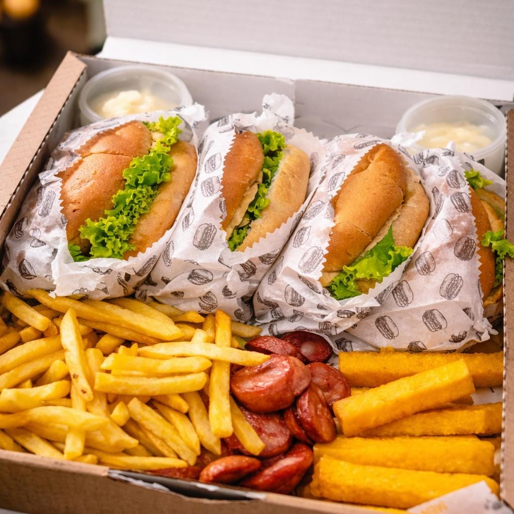 Pão, Hamburger Suculento, Queijo Derretido, Presunto Premium , Salada Fresca, Tomate Selecionado, Maionese Especial Da Casa.
+ Porção De Fritas Especial
+ Polenta Frita
+ Calabresa Premium Na Chapa
+Maionese Especial Da Casa.
.
.
.
.Aprox 1.5kg