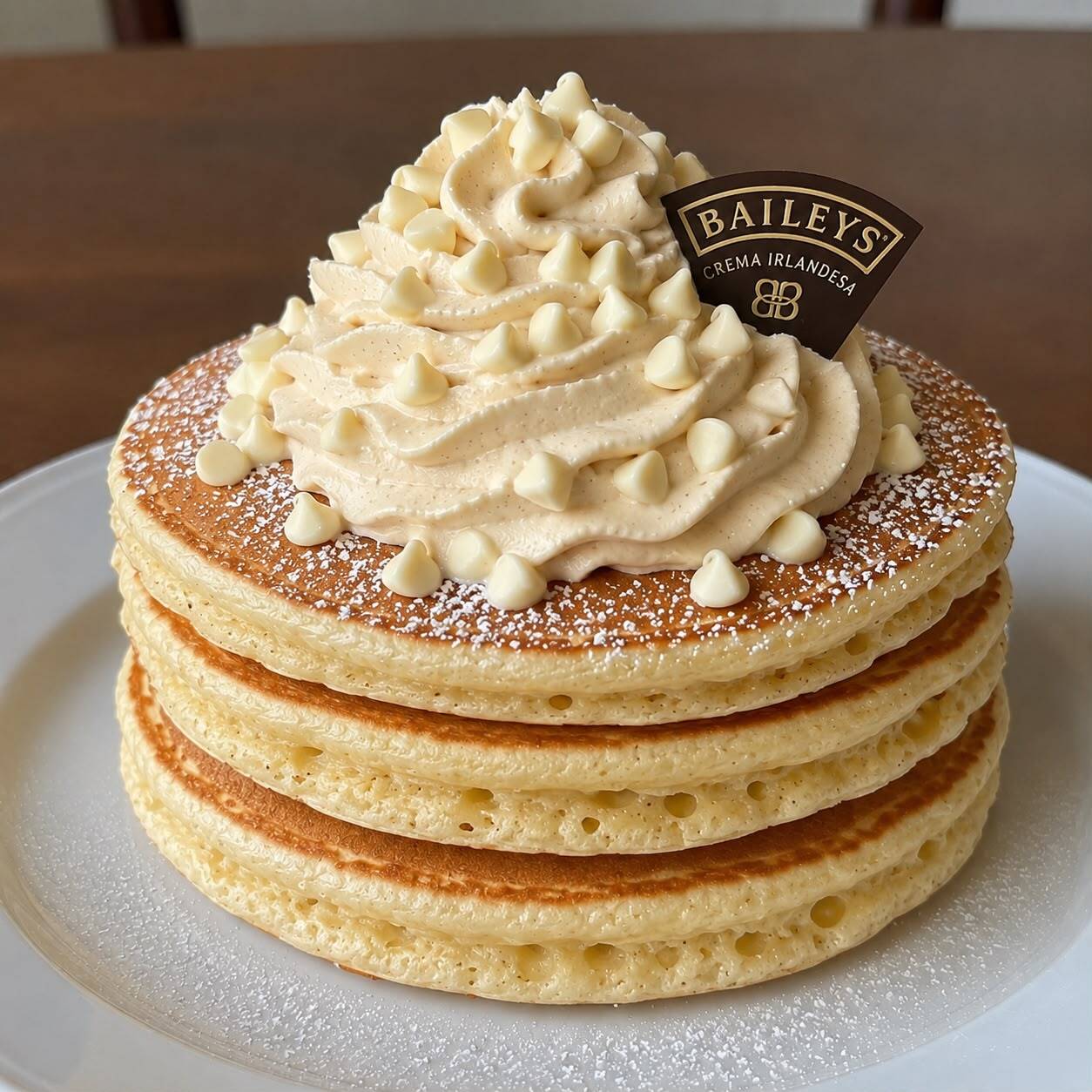 HOT CAKES CON CREMA BATIDA Y CHISPAS DE CHOCOLATE