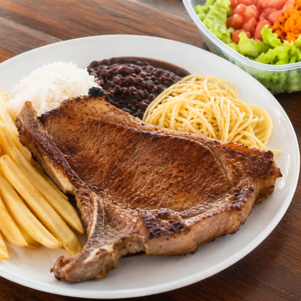 Arroz, Feijão, Macarrão, Batata Frita e Salada