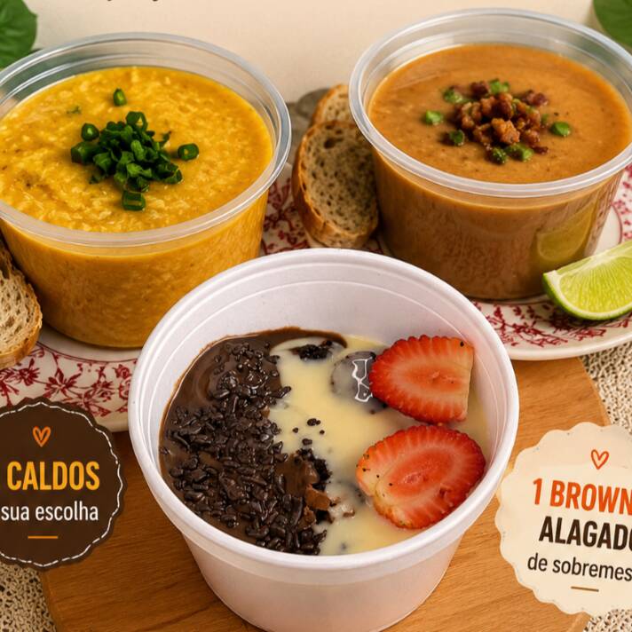 Combo Especial – 2 Caldos 500ml + Brownie Alagado 280g
Uma combinação completa e irresistível para quem busca sabor e conforto em uma única experiência. O combo inclui 2 caldos de 500ml cada, servidos bem quentinhos, cremosos e preparados com ingredientes selecionados, perfeitos para aquecer e satisfazer com muito sabor.
Para finalizar, um delicioso brownie alagado de 280g, com textura densa e macia, coberto com uma generosa camada cremosa que intensifica ainda mais o sabor do chocolate, garantindo uma sobremesa marcante e indulgente.
Um combo generoso, equilibrado e perfeito para qualquer momento do dia.