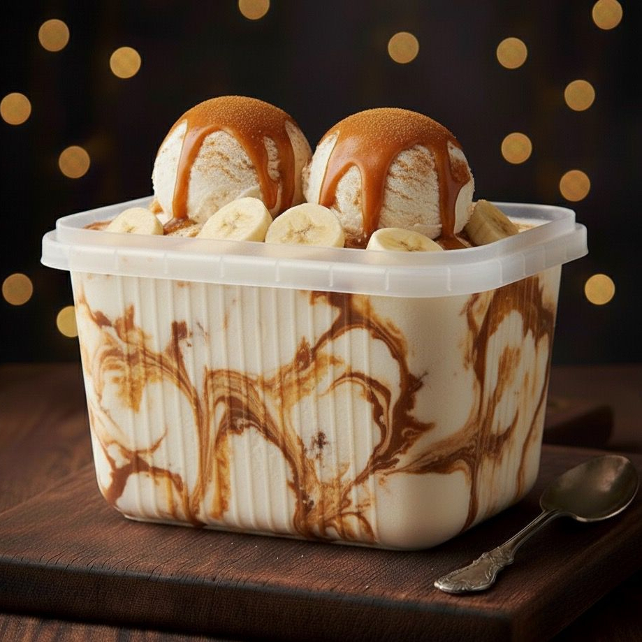 Banoffee em versão gelada! Sorvete de baunilha com mescla de banana, doce de leite e um toque de canela… impossível provar só uma vez!