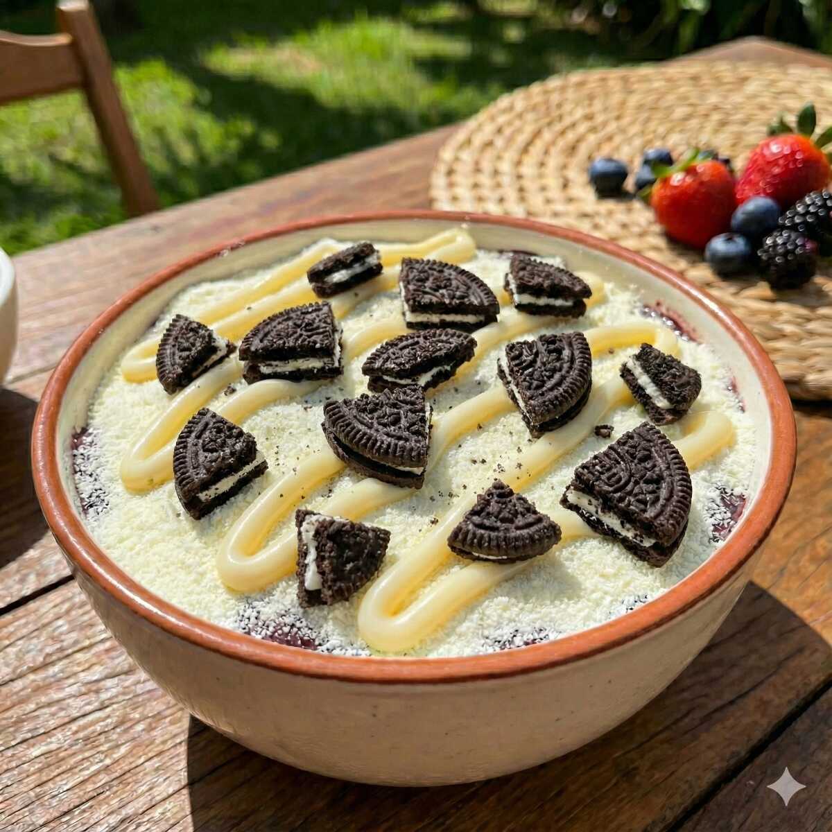 Açaí com creme de ninho, pedacinhos de biscoito Oreo e leite em pó. Experiência gourmet de açaí com crocância e cremosidade premium! *Imagem ilustrativa