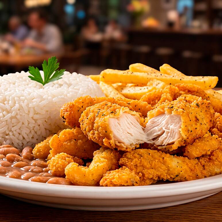Deliciosas iscas de frango empanadas, acompanhadas de arroz soltinho, feijão caseiro e batata frita crocante. Sabor e fartura em cada garfada!