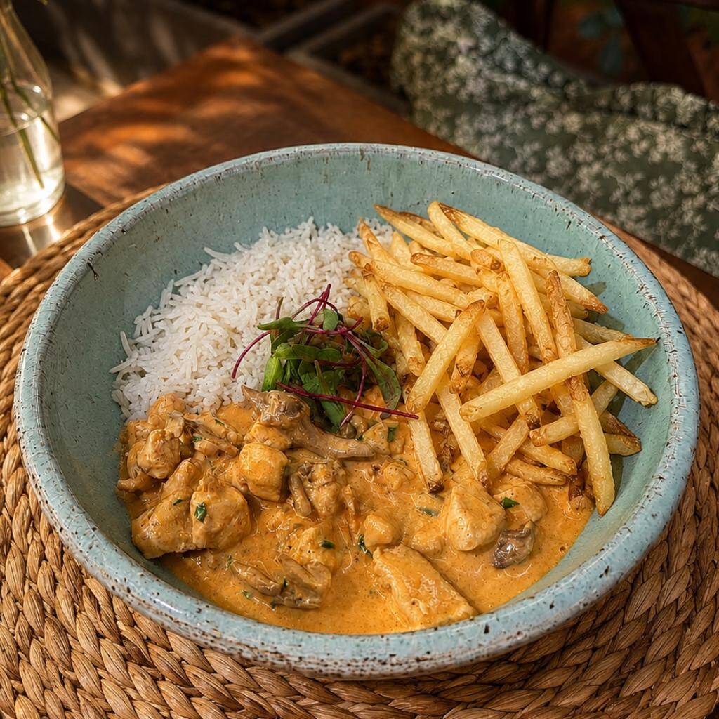 Feito com frango, shitake, shimeji e paris, acompanhado de arroz branco e batata frita.