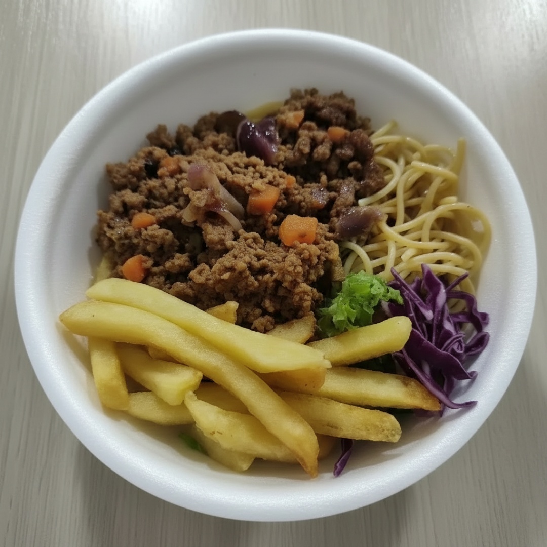 Arroz, macarrão, feijão, salada e farofa