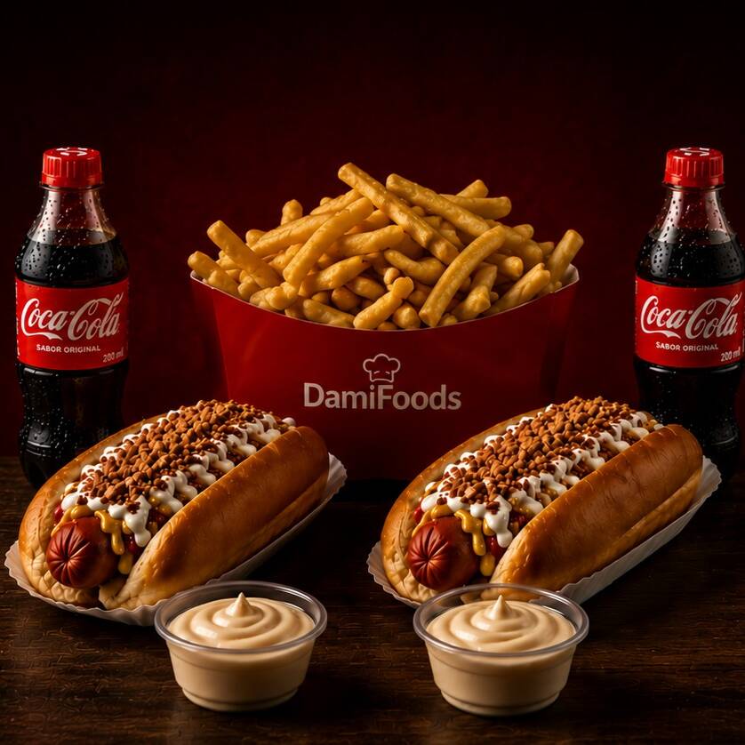 Perfeito para compartilhar! Dois Dogs da Casa super recheados, acompanhados de aproximadamente 400g de batata frita crocante, 2 Coca-Colas 200ml geladas e 2 porções da nossa deliciosa maionese da casa.
✅ 2 Dog Tradicional da Casa🌭
✅ 400g de Batata Frita
✅ 2 Coca-Colas 200ml
✅ 2 Maioneses da Casa
Serve confortavelmente 2 pessoas.