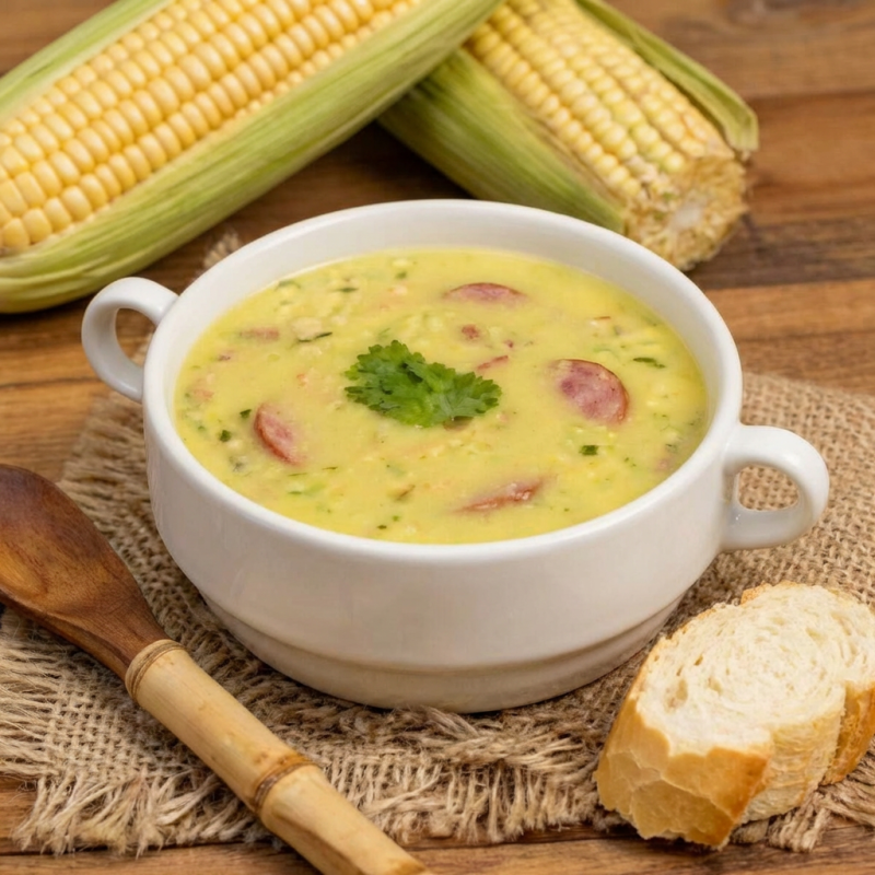 Caldo de milho verde. Batido com creme de leite bacon e calabresa. Acompanha. Pão francés.
