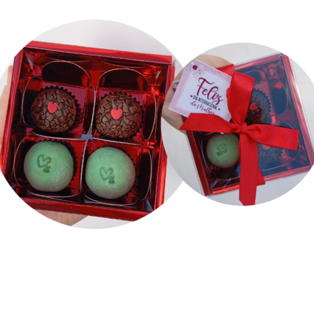 Caixa metalizada,contém 4 docinhos no sabor escolhido (peso médio de 16g a 20g de acordo com o sabor selecionado). Finalizado com laço de cetim e tag de dia mulher