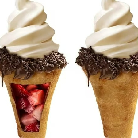 Cone de churros frito com recheio, topping e frutas, acompanha sorvete. itens enviados separadamente para garantir a qualidade