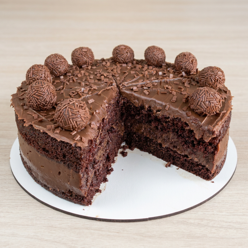 Bolo de chocolate bem fofinho com nosso delicioso brigadeiro ao leite.